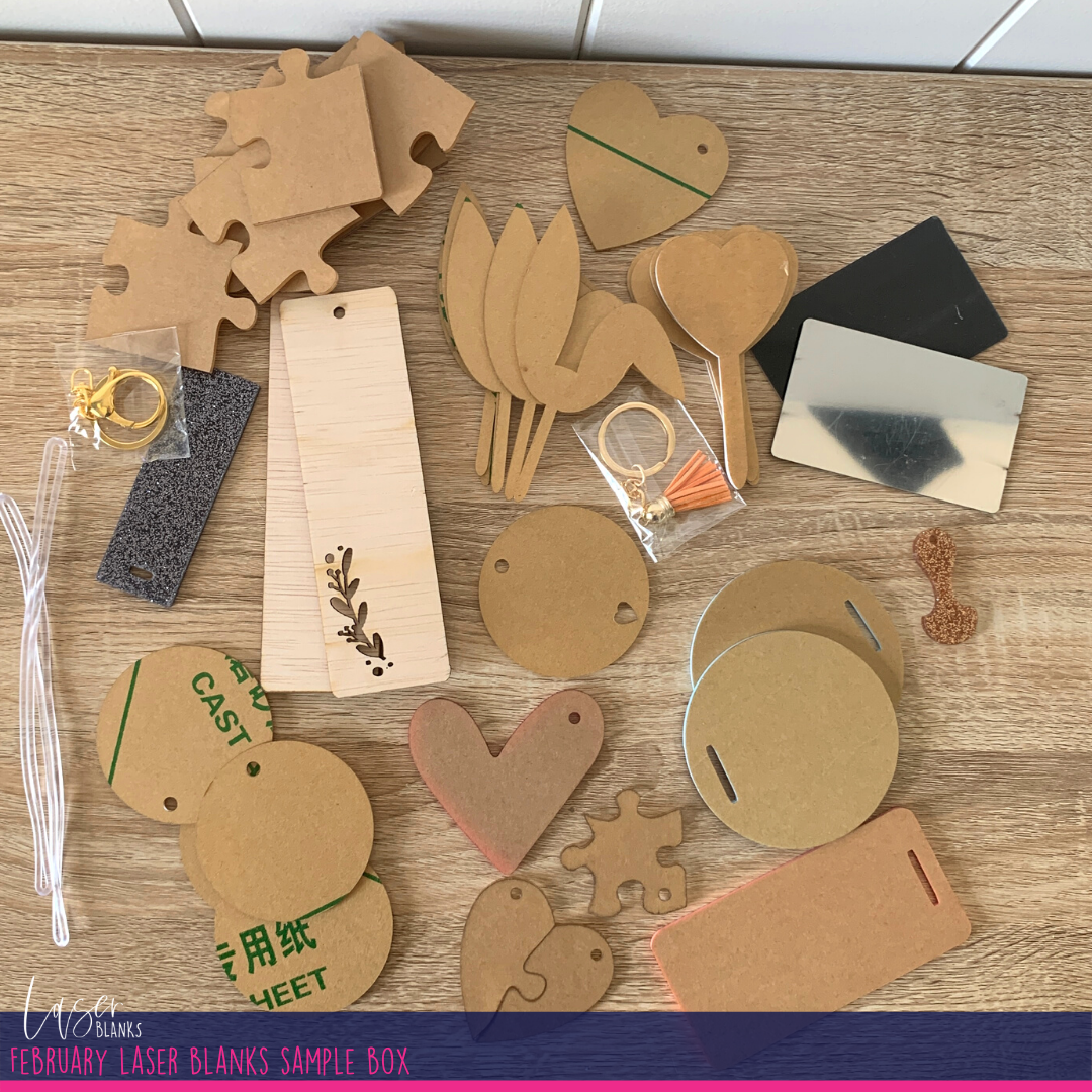 February Laser Blanks sample box with mini heart cupcake toppers and Easter bunny ears