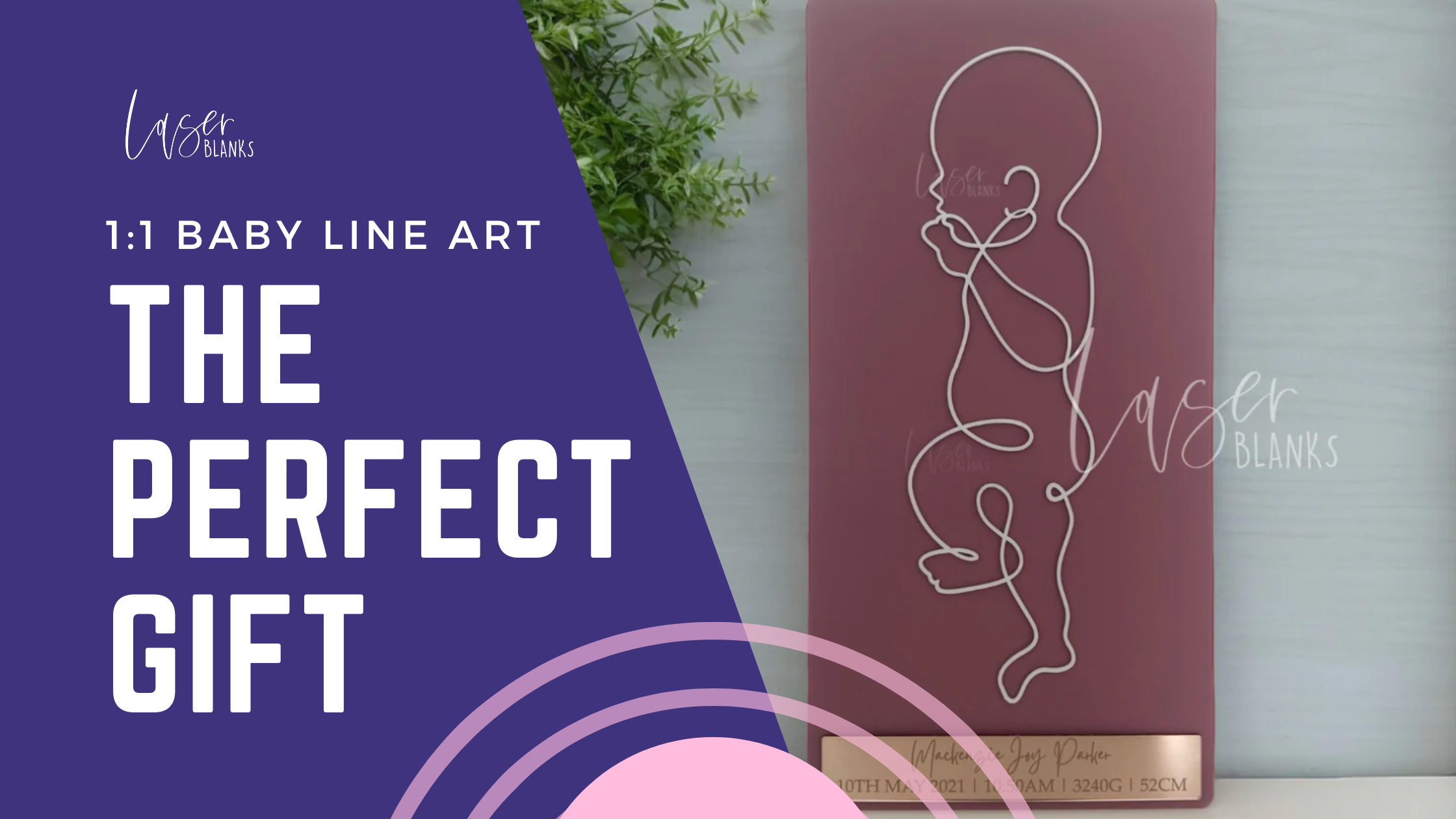 1:1 baby line art wall plaque with personalised birth details and full-length silhouette