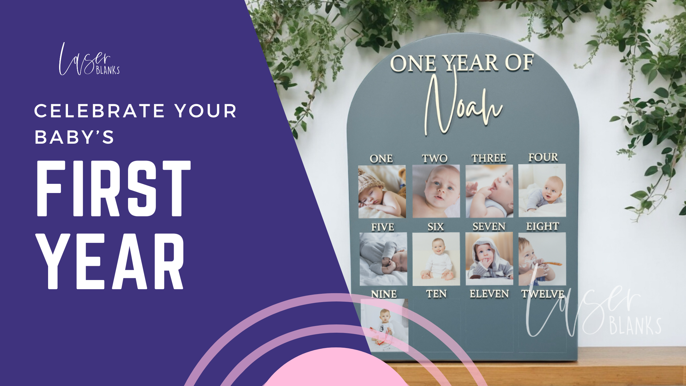 My First Year photo board with personalised acrylic name in white