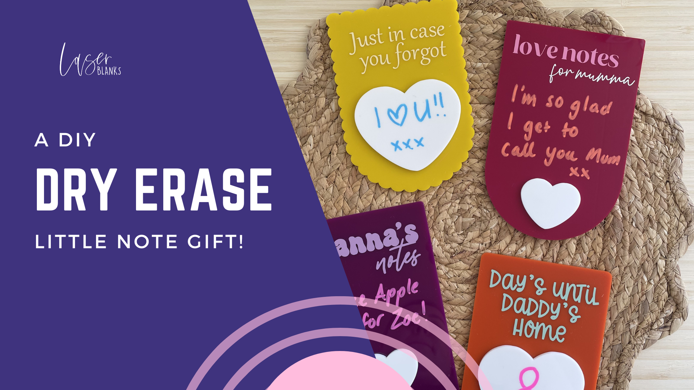 Personalised acrylic dry erase note board with vinyl text and heart detail on a white background