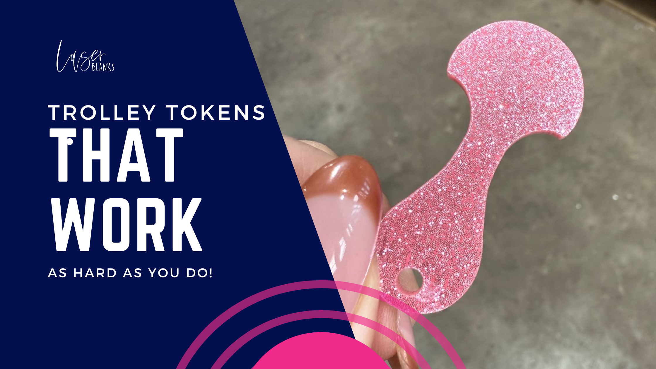 Close-up of a glitter pink trolley token in woman's hand