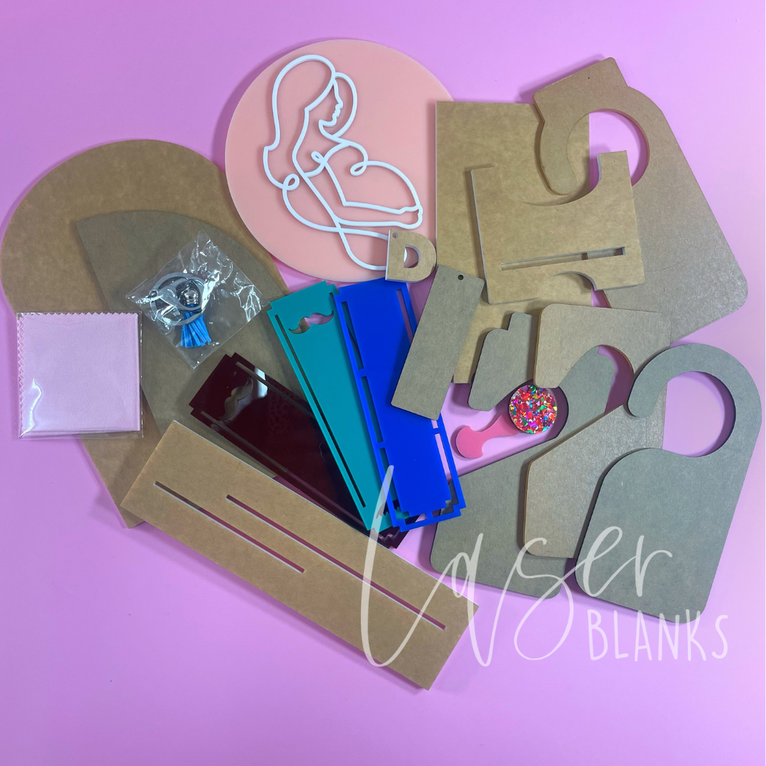 Assorted fresh craft products from July Laser Blanks Sample Box