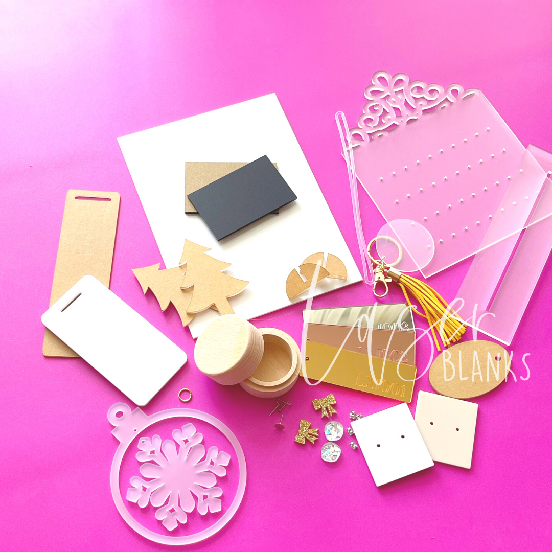 Laser Blanks November sample box with 2mm acrylic bookmark and 4.5mm rectangle bag tag