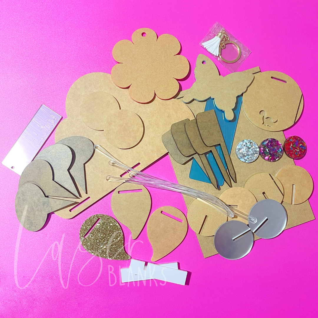 Laser Blanks December 2021 sample box with 15cm x 21cm acrylic rectangle and long glass stand