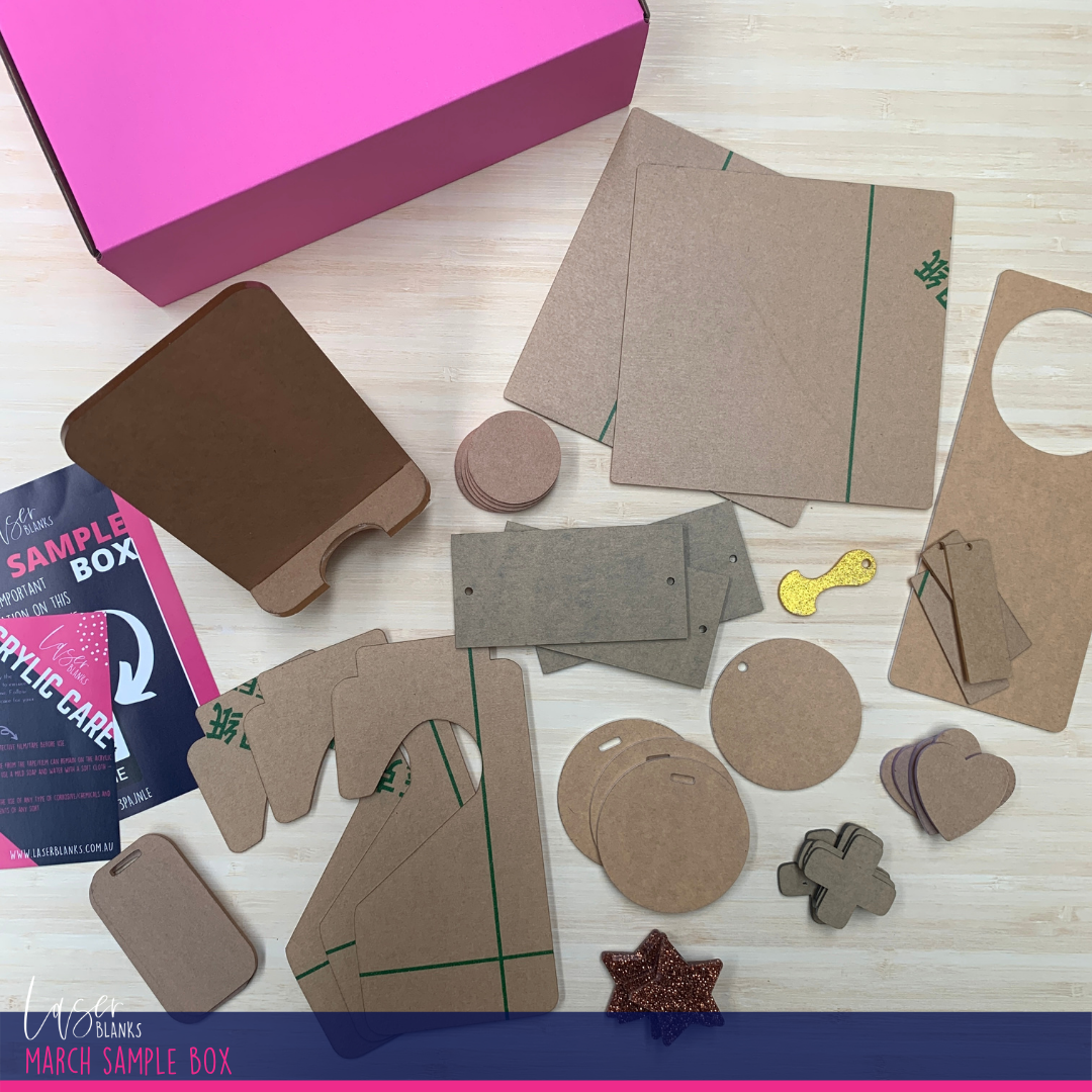 Laser Blanks acrylic blanks sample box contents with frosted squares and organisation tags
