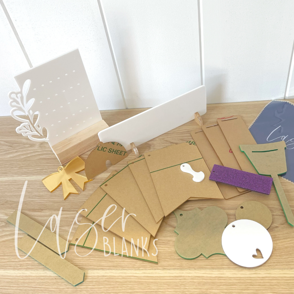 May Laser Blanks sample box with floral tall rectangular earring display and timber stand