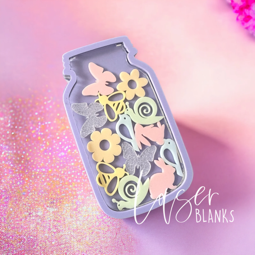 Garden-themed acrylic reward tokens including bees, butterflies, flowers, bunnies, snails, and birds