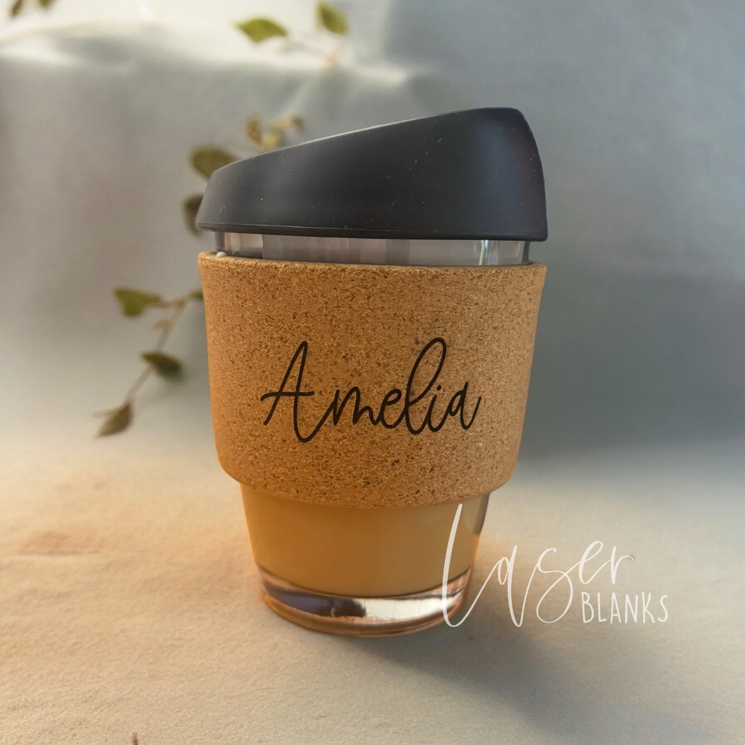 Reusable glass keep cup with engraved cork band featuring name