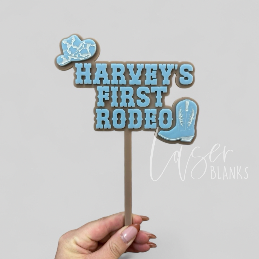 First Rodeo cake topper with cowboy hat and boot – personalised with name