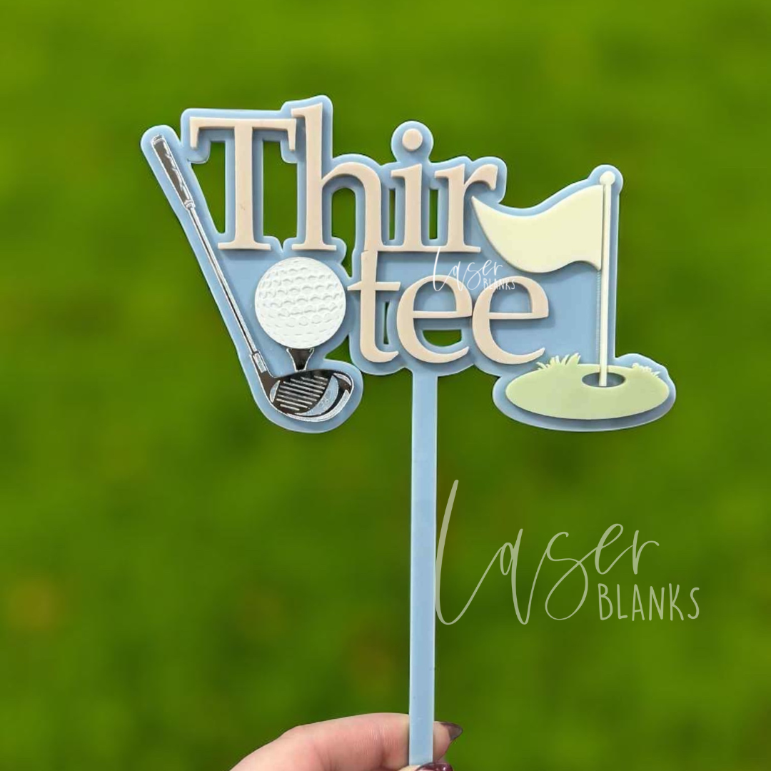 Golf milestone birthday cake topper featuring golf green, flag, ball, tee, and club – available for ages 20 to 80