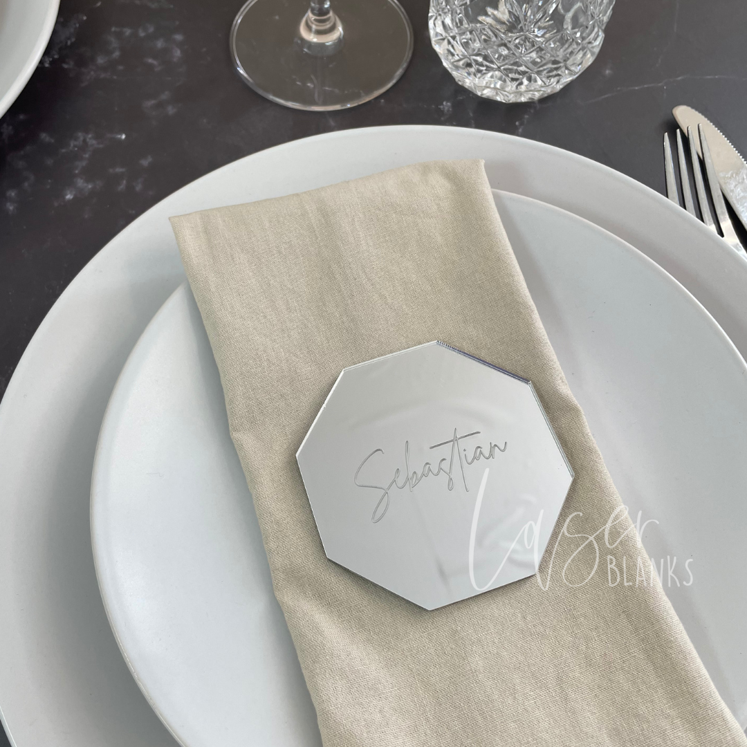 Modern Engraved Name Tag – Octagon Wedding Place Card