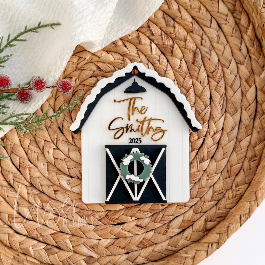 snow capped barn personalised christmas decoration