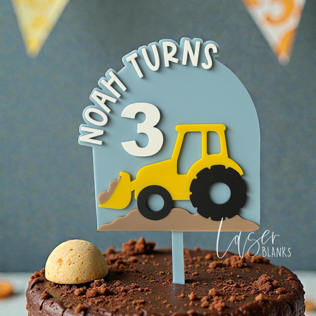 Personalised digger cake topper with name and age Noah Turns 3
