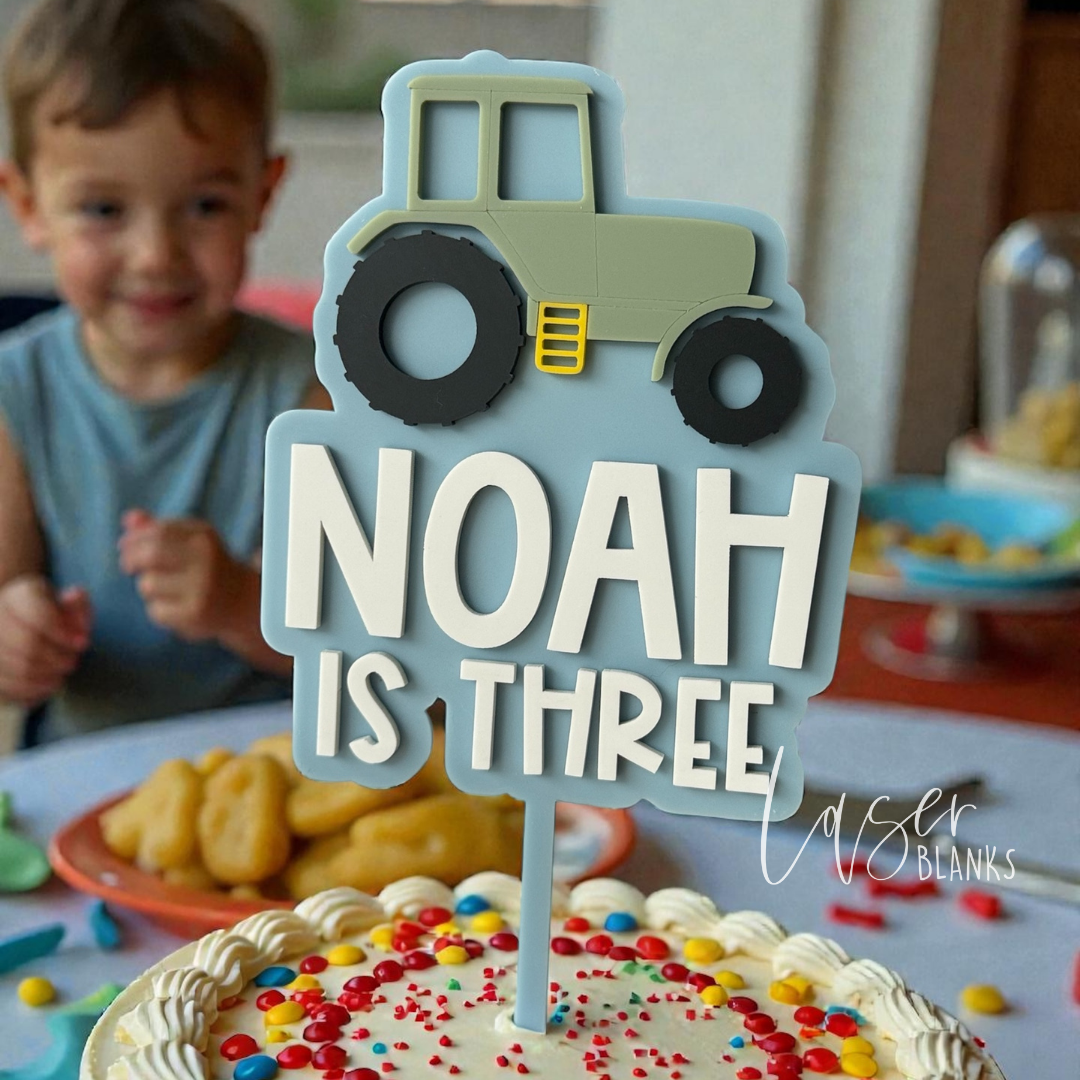 Personalised tractor cake topper with name and age for farm themed birthdays