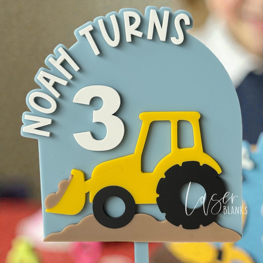 Custom name and age digger cake topper for children’s birthday cakes