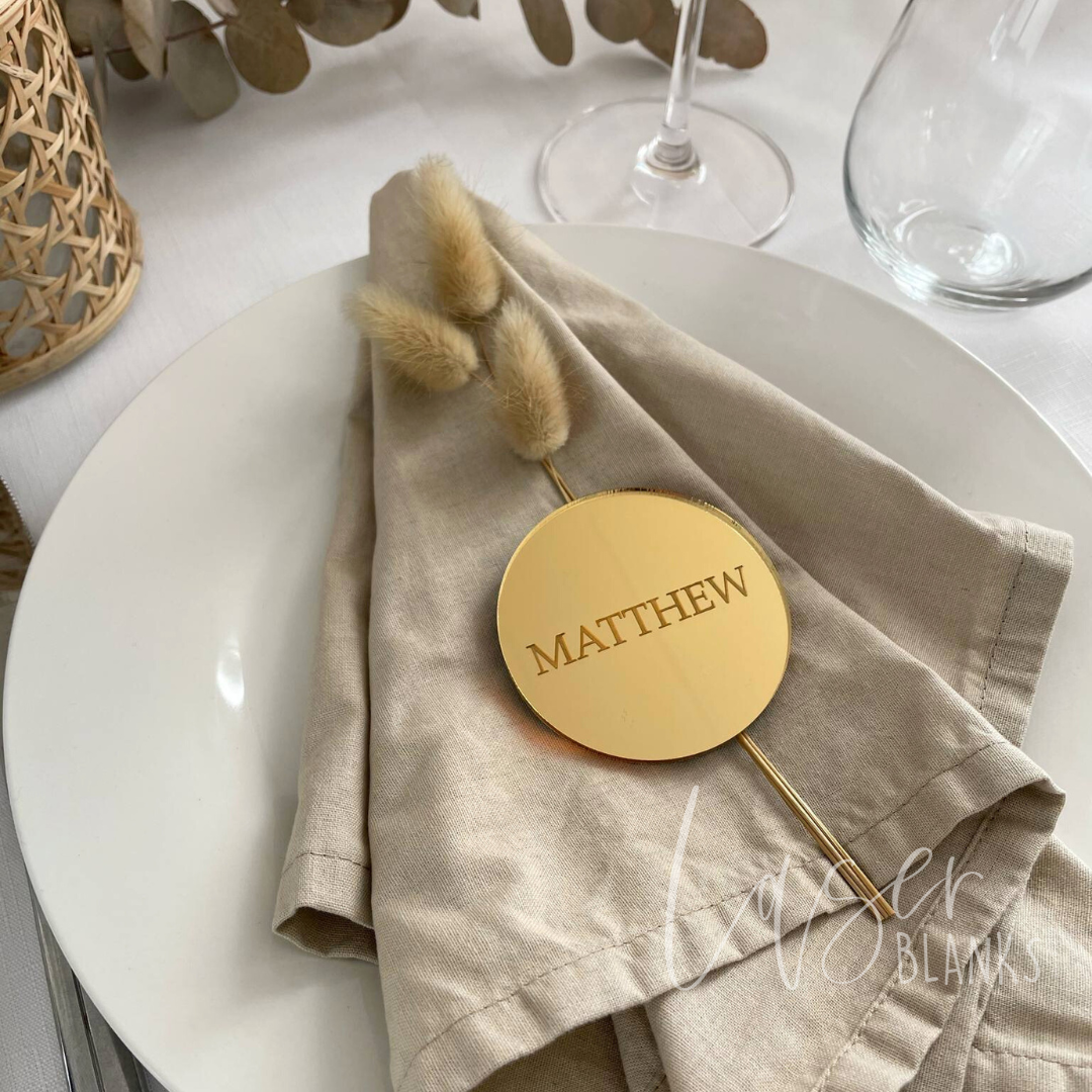 Laser Engraved Round Acrylic Place Card – Mirror Gold