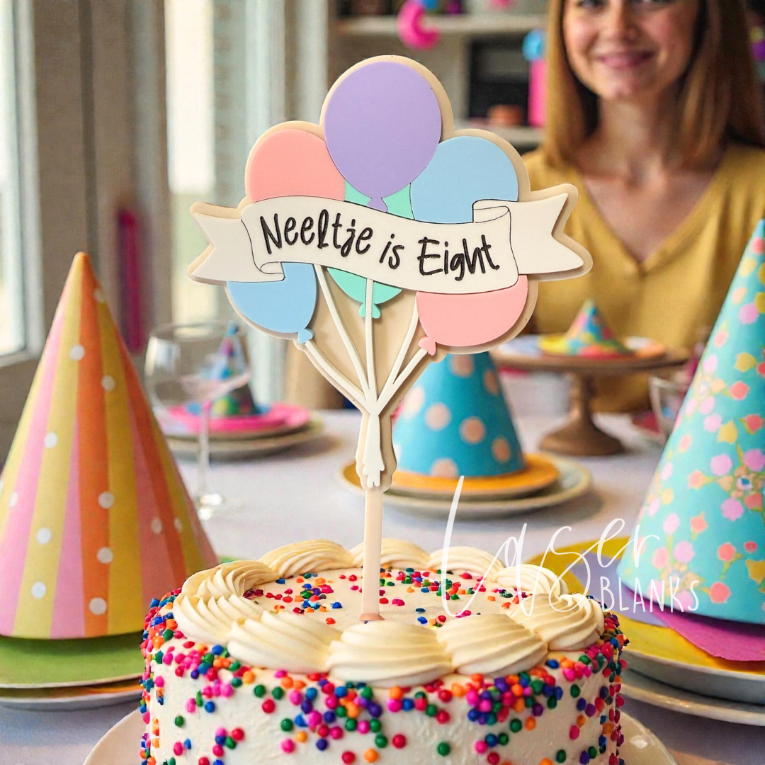 Balloon name cake topper with layered acrylic balloon bunch