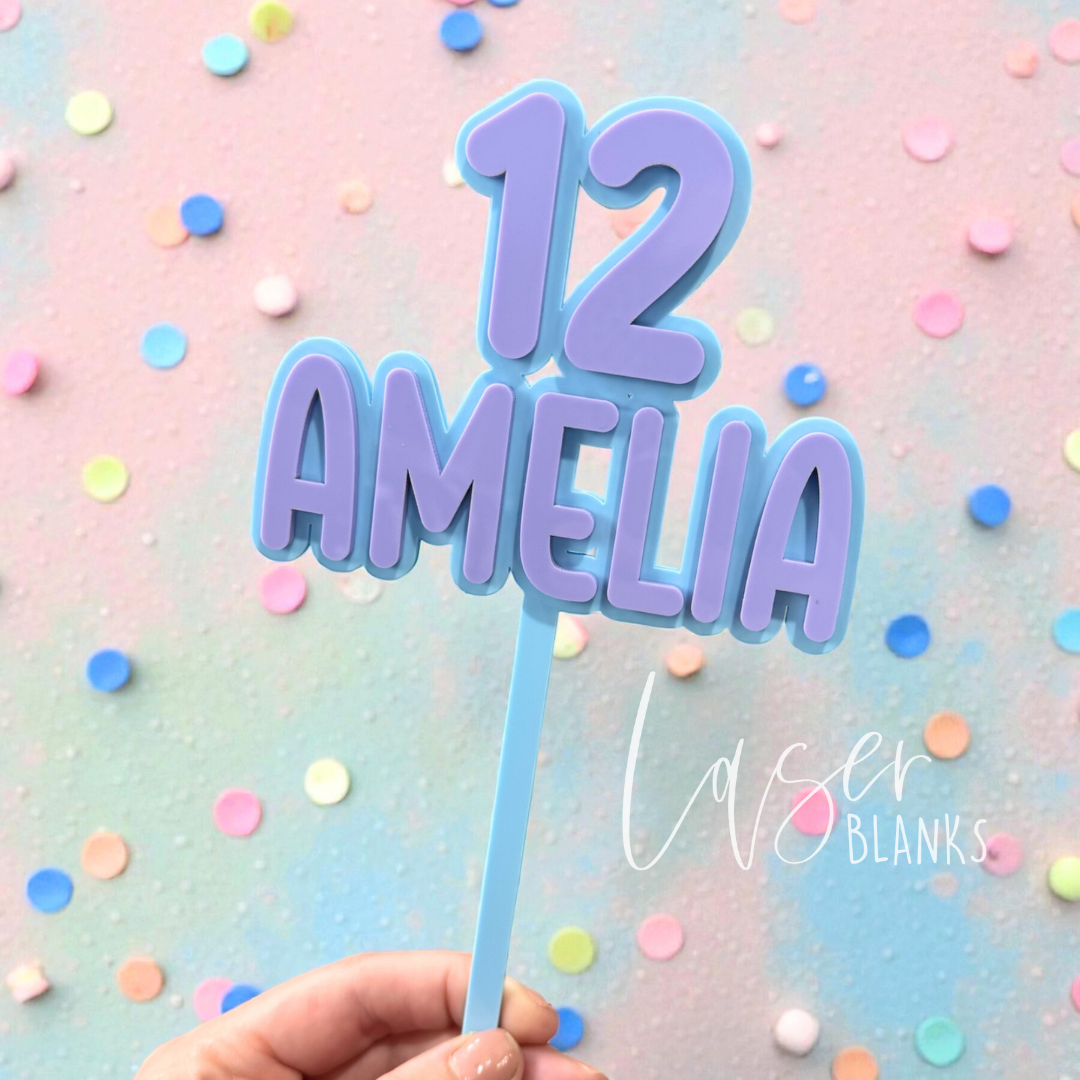 Personalised name and number cake topper with Amelia 12 in pastel colours