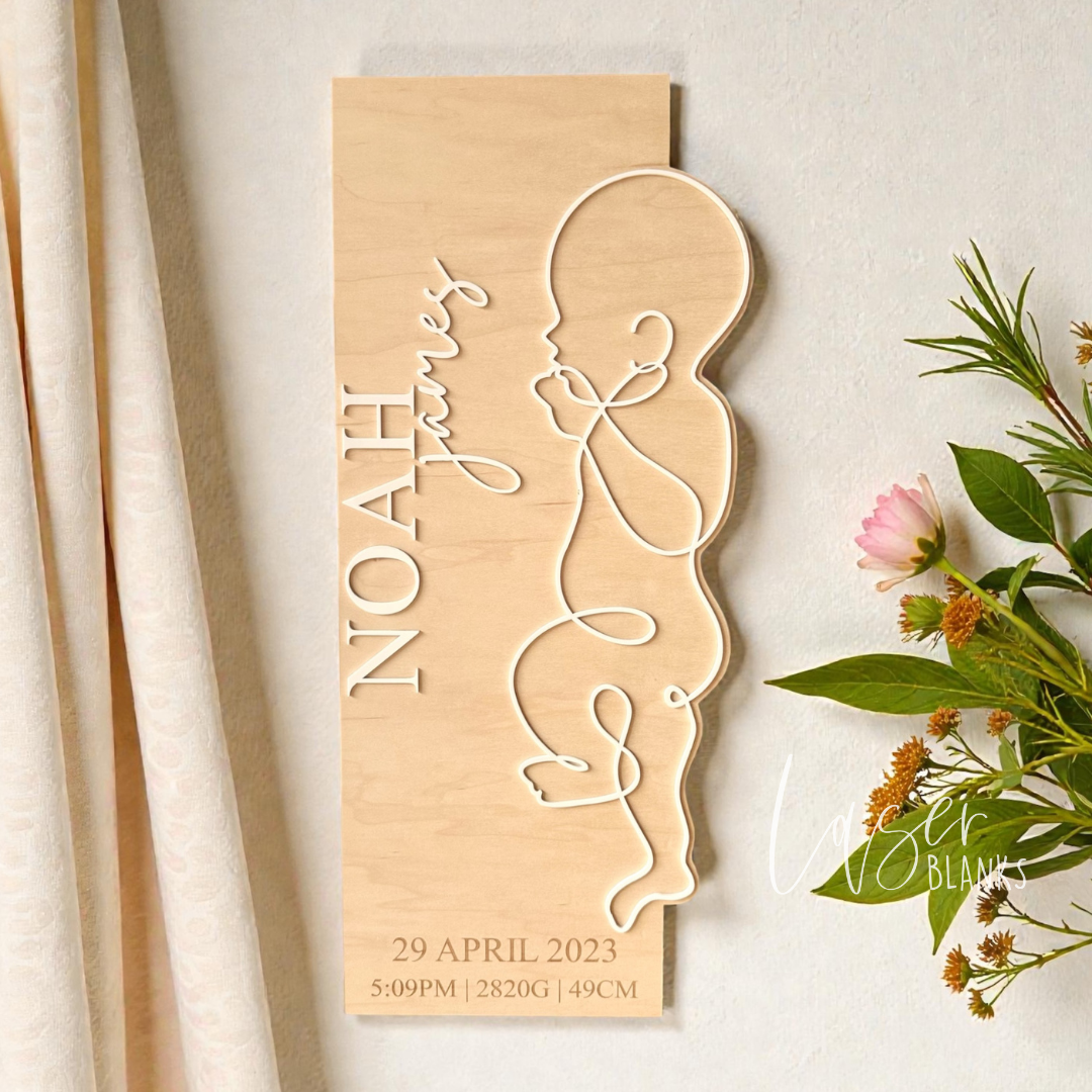 Personalised 1:1 baby line art wall plaque capturing birth length