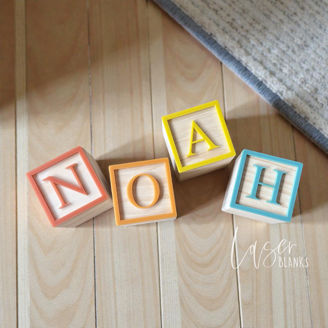 Personalised alphabet name blocks made from raw pine timber with acrylic letters