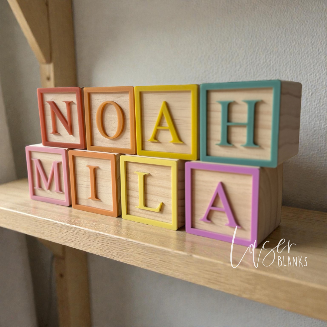 Personalised baby name blocks in raw timber for nursery decor