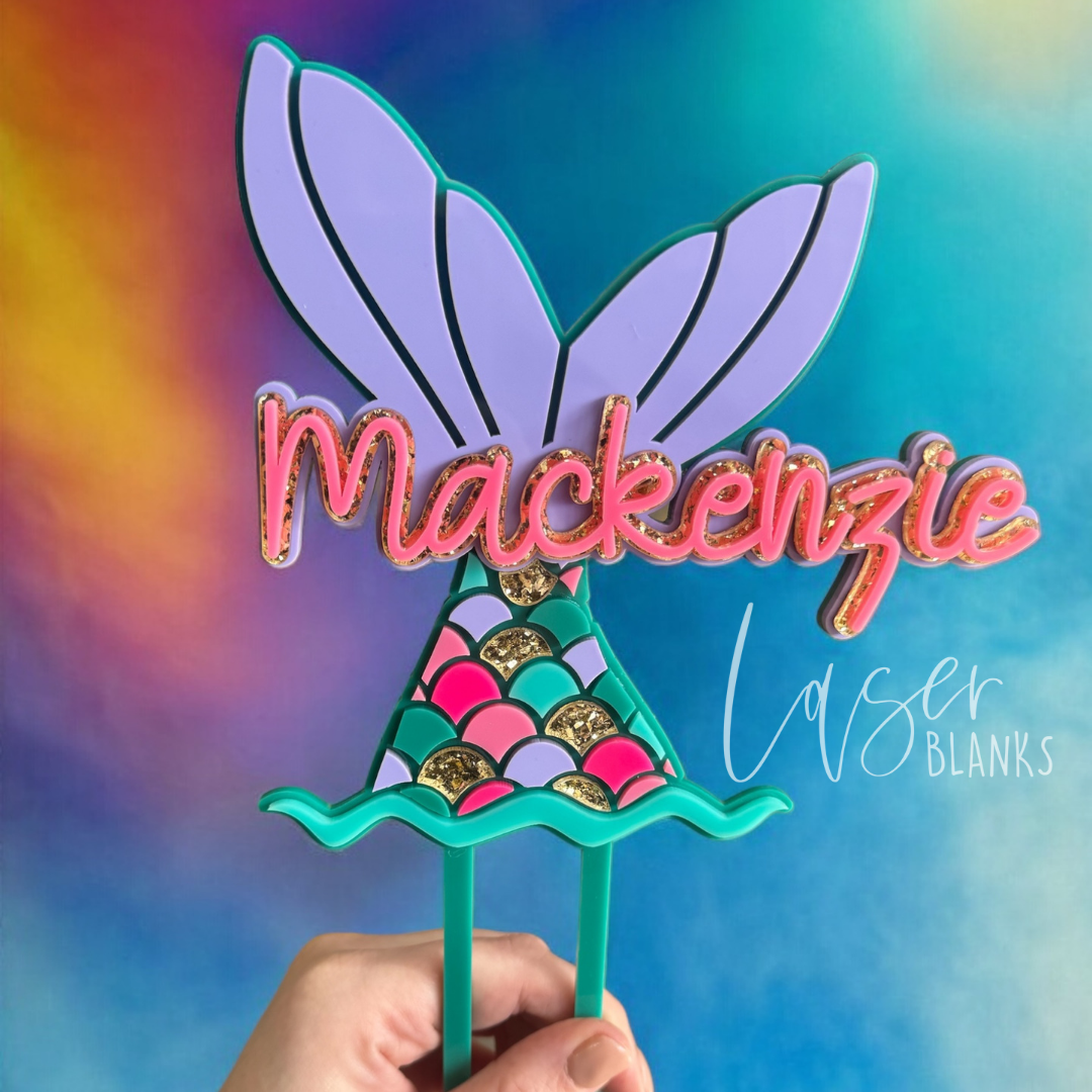 Personalised mermaid cake topper with glitter tail and custom name