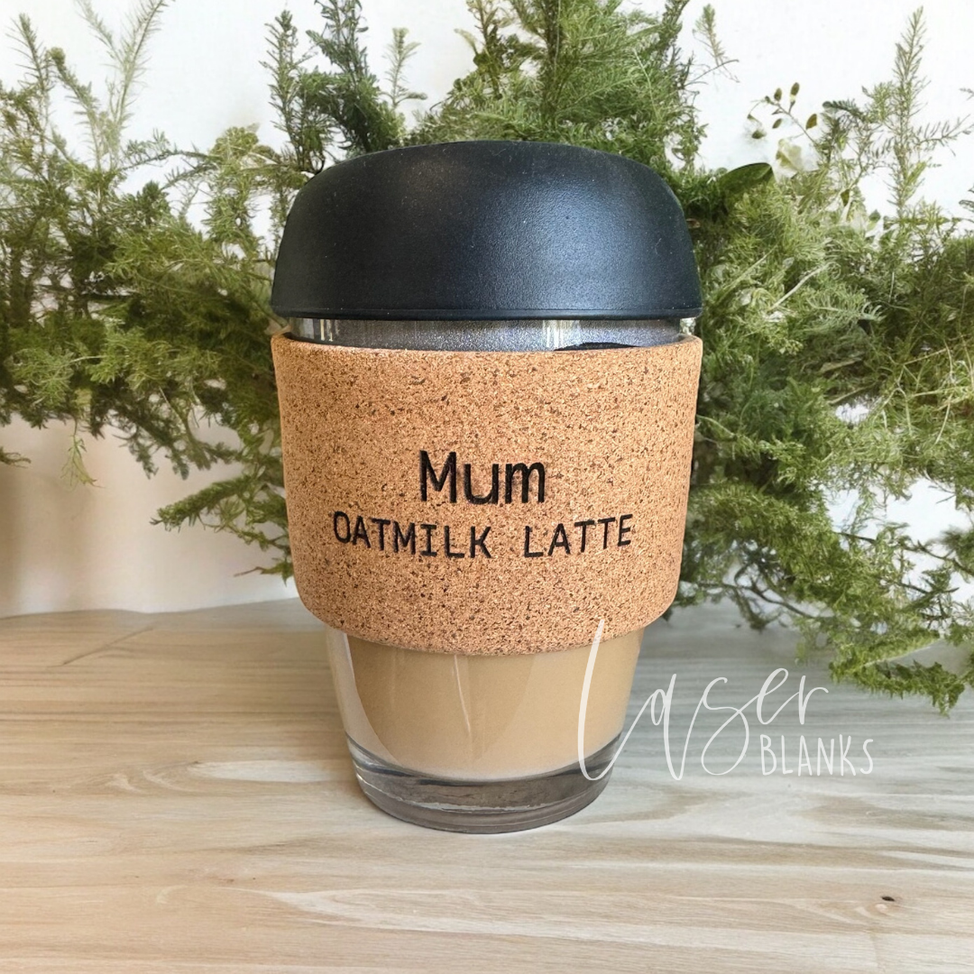 Reusable glass keep cup with engraved cork band and name personalisation