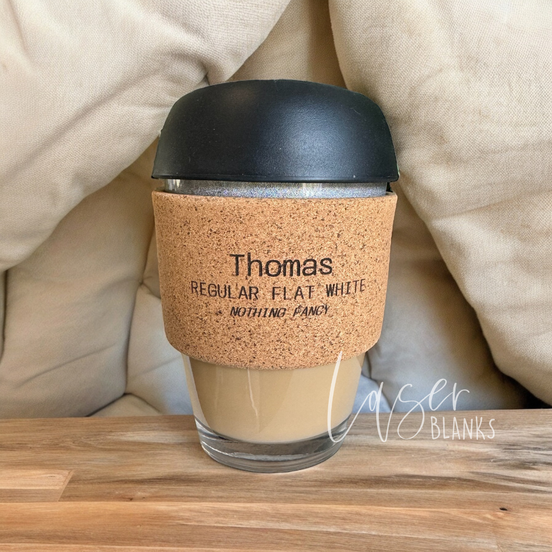 Ecofriendly personalised coffee cup with name and drink choice on cork sleeve
