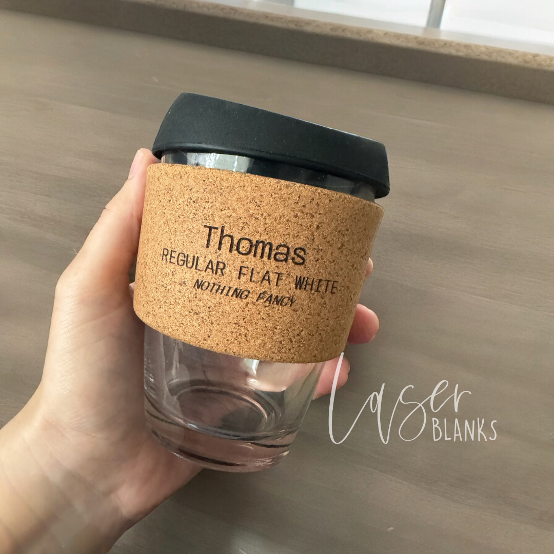 350ml glass keep cup with custom engraved cork band – sustainable gift idea