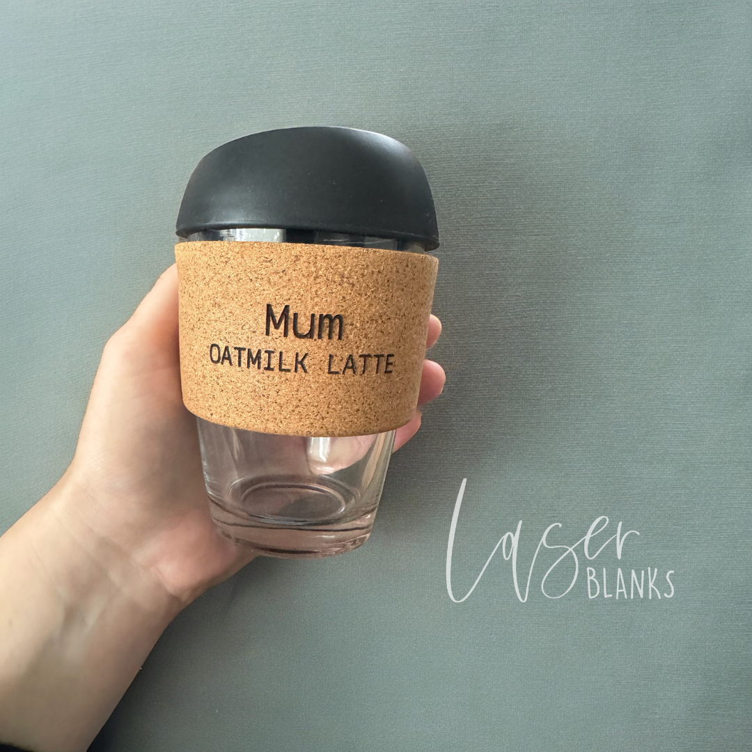 Laser engraved cork coffee cup gift with custom message in italics
