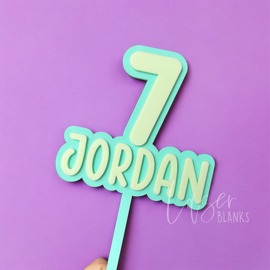 Laser-cut name and number topper in bold acrylic colours