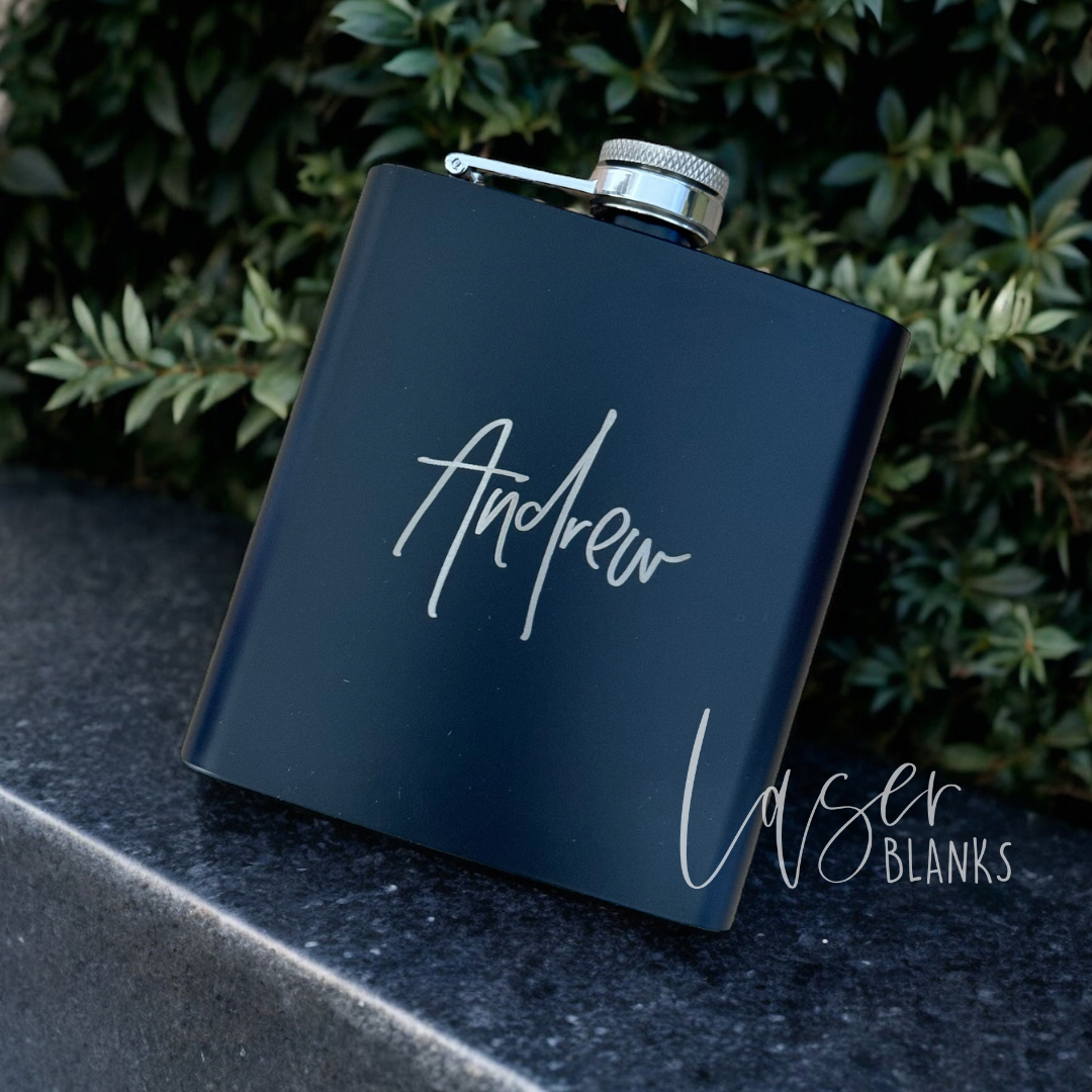 Matte black engraved hip flask – groomsman or birthday gift