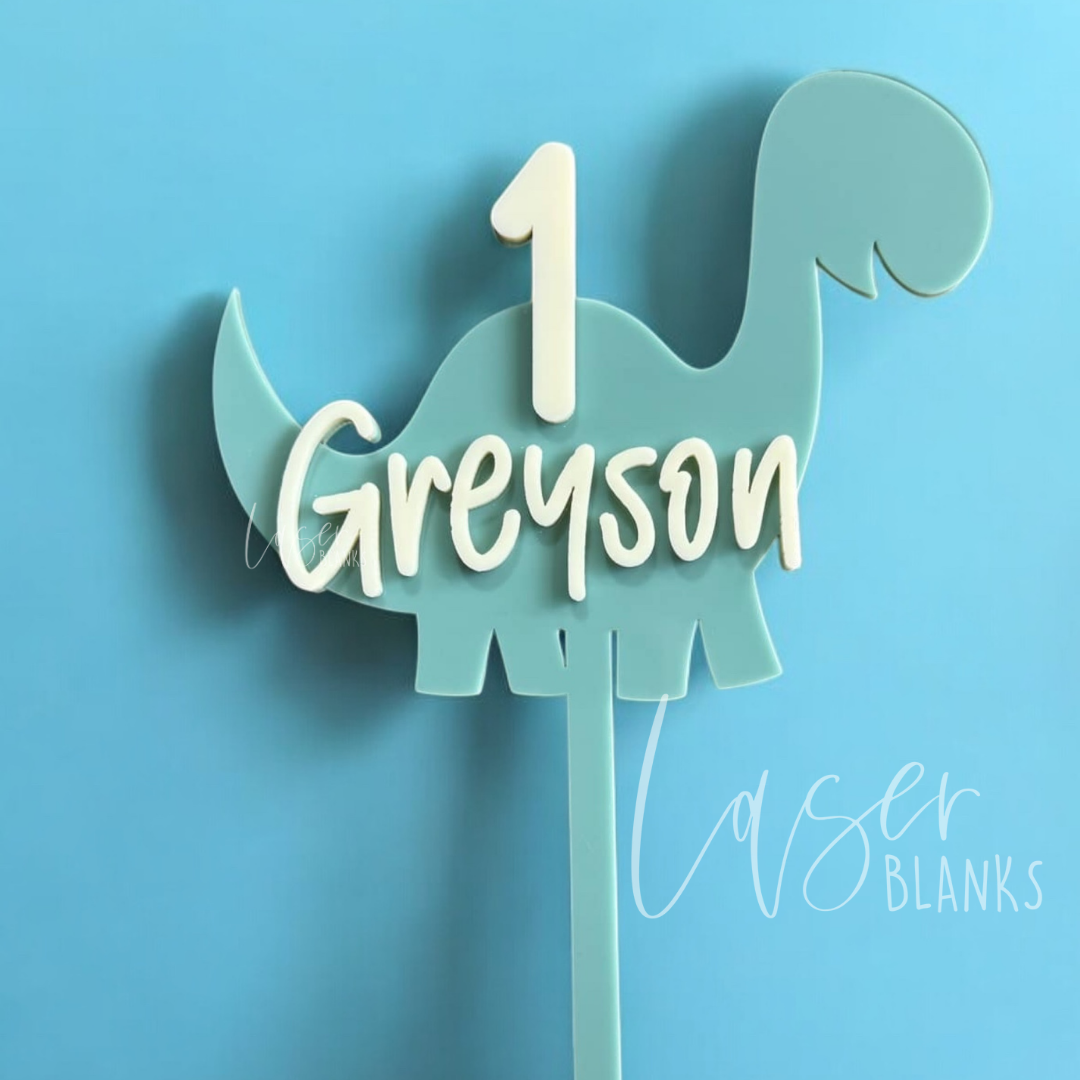 Personalised dinosaur cake topper with name and number in acrylic