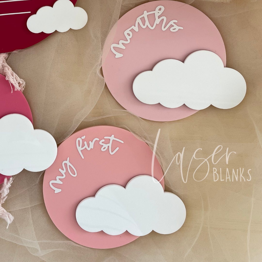 Fluffy cloud acrylic blank paired with 100mm round blanks for announcements