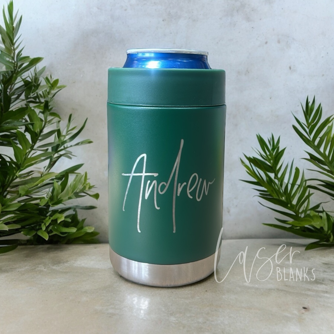 Laser engraved can cooler with olive green finish – single side personalisation