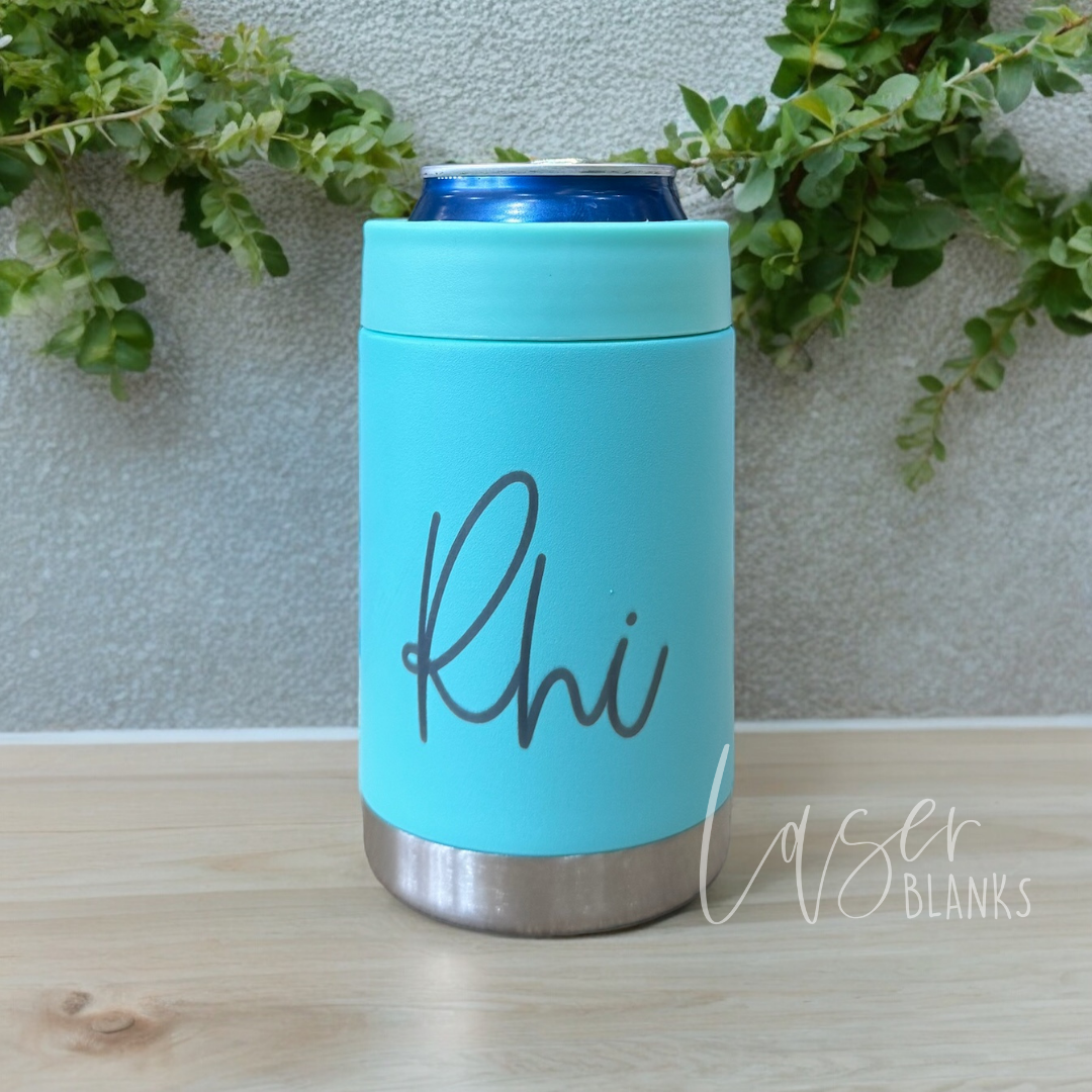 Personalised insulated can cooler in turquoise with laser engraved name