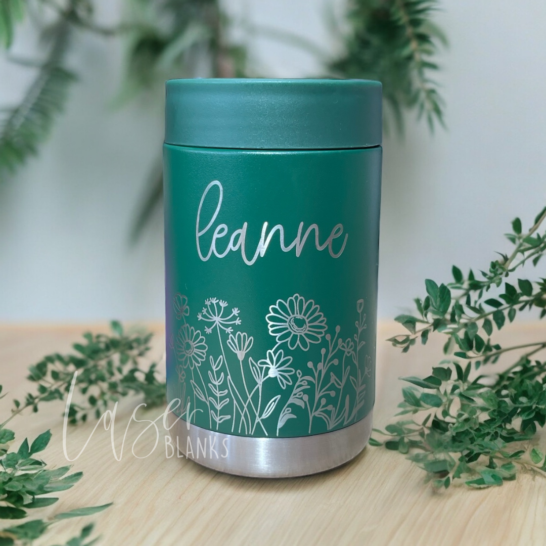 Reusable stubby holder featuring engraved wildflowers and custom name