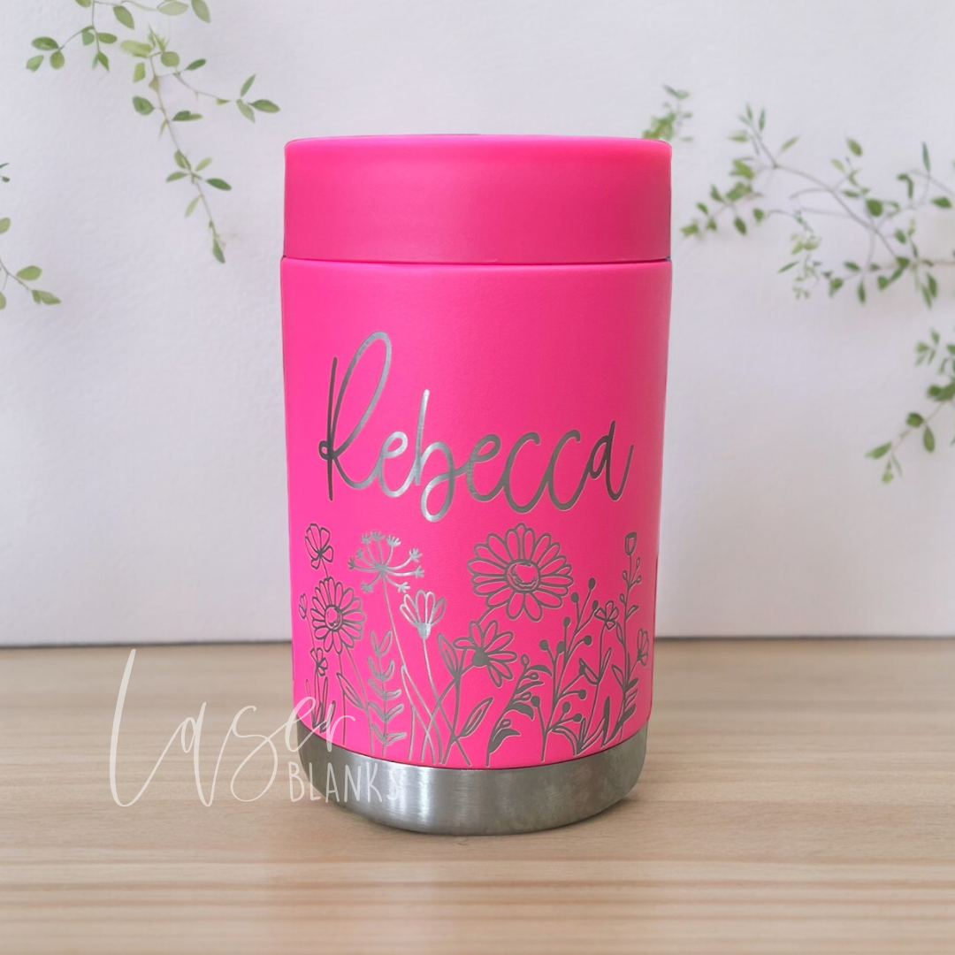 Custom engraved insulated drink holder with floral artwork and name
