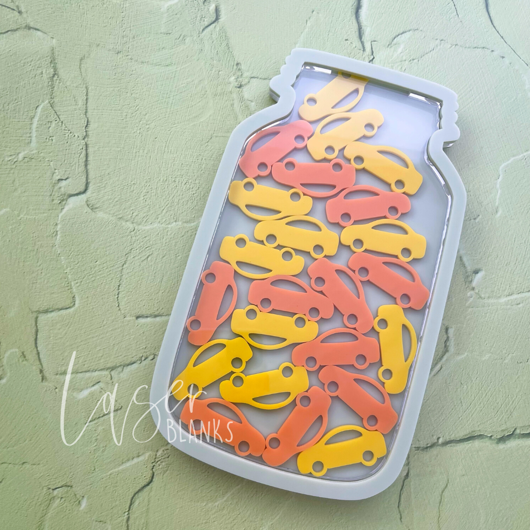 Laser-cut acrylic car tokens for reward jars