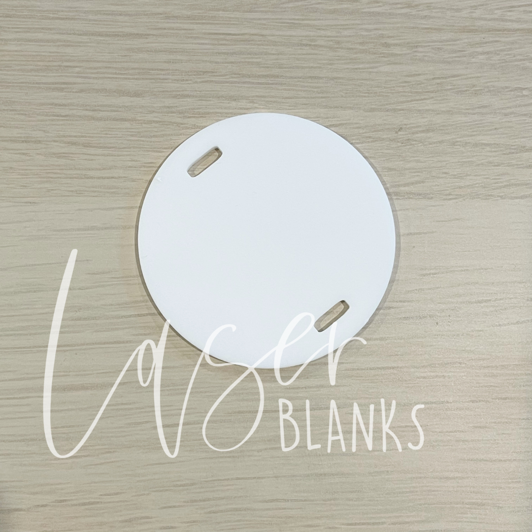 Round acrylic tag threaded with ribbon – used as gift or pantry label