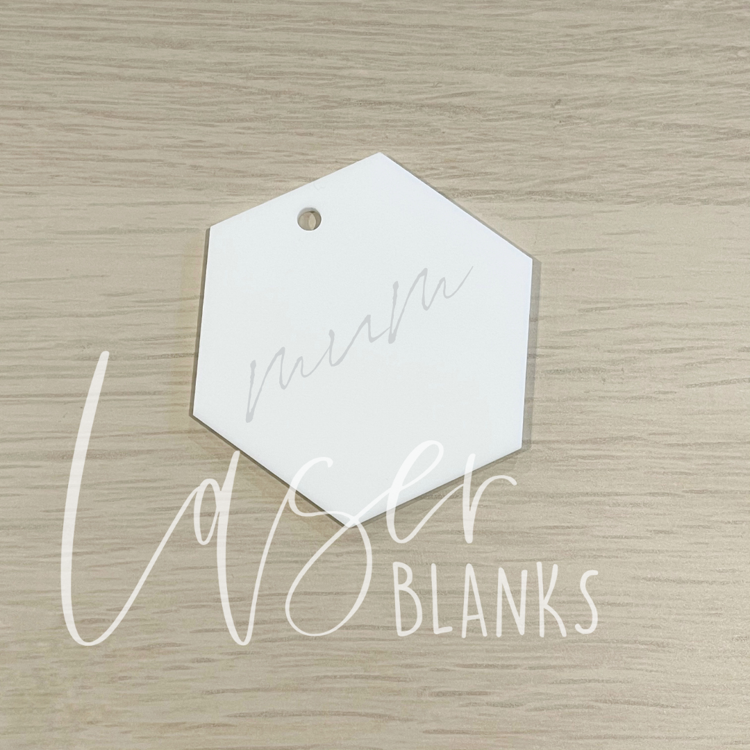 65mm x 58mm hexagon acrylic tag with 4mm hole – blank for customisation