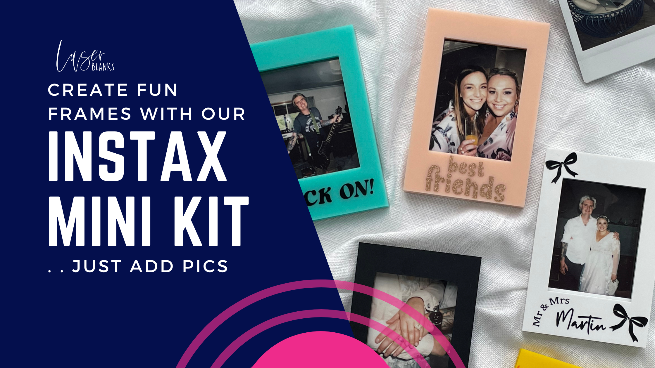 Instax Mini Frame Kit from Laser Blanks with acrylic pieces displayed for assembly