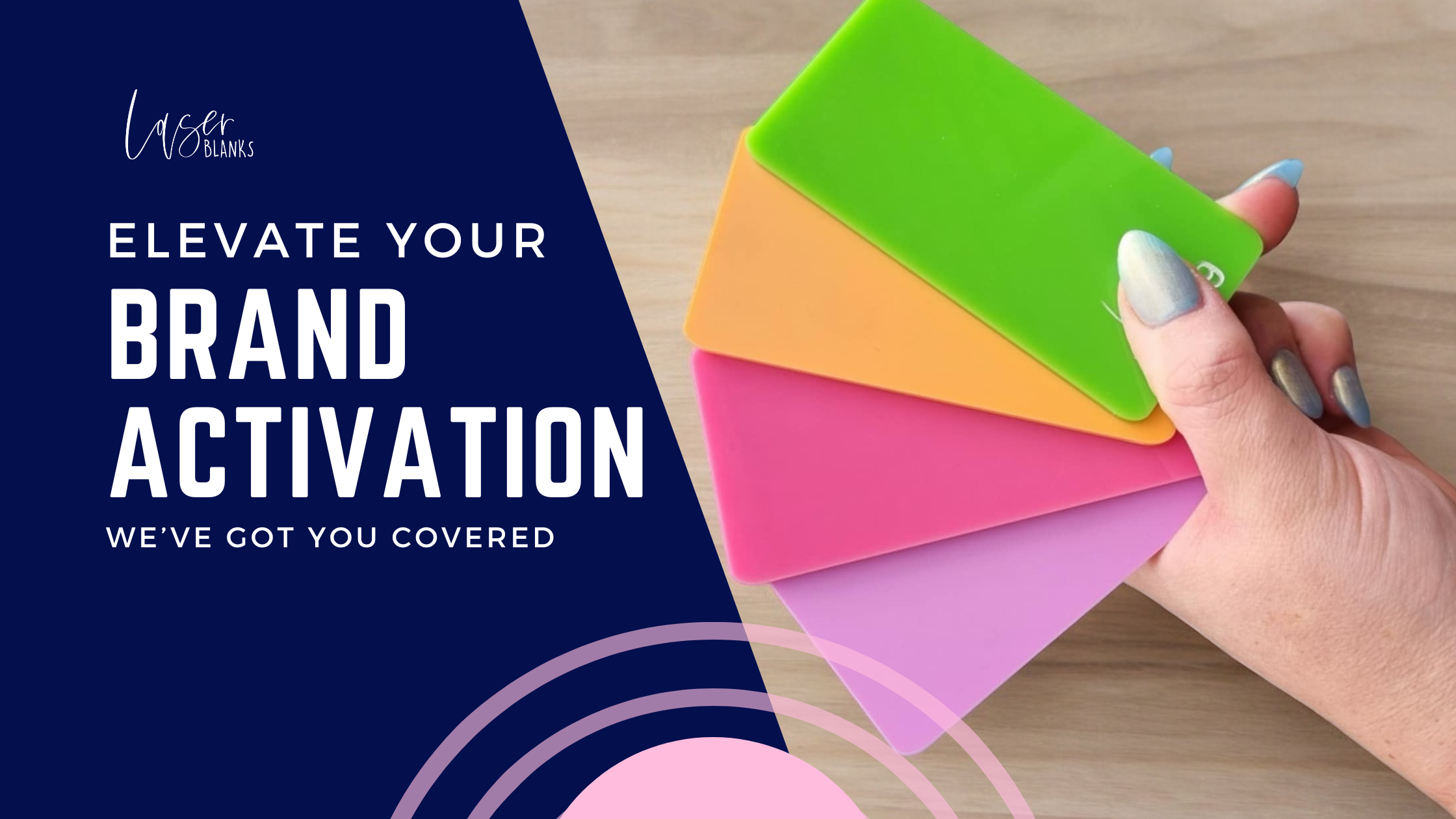 Custom acrylic bag tags in bright brand colours made for a trade show activation