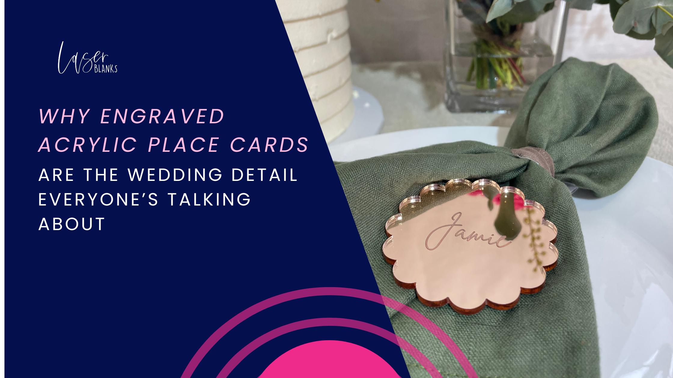 Engraved scalloped acrylic place card in mirror rose gold on wedding napkin