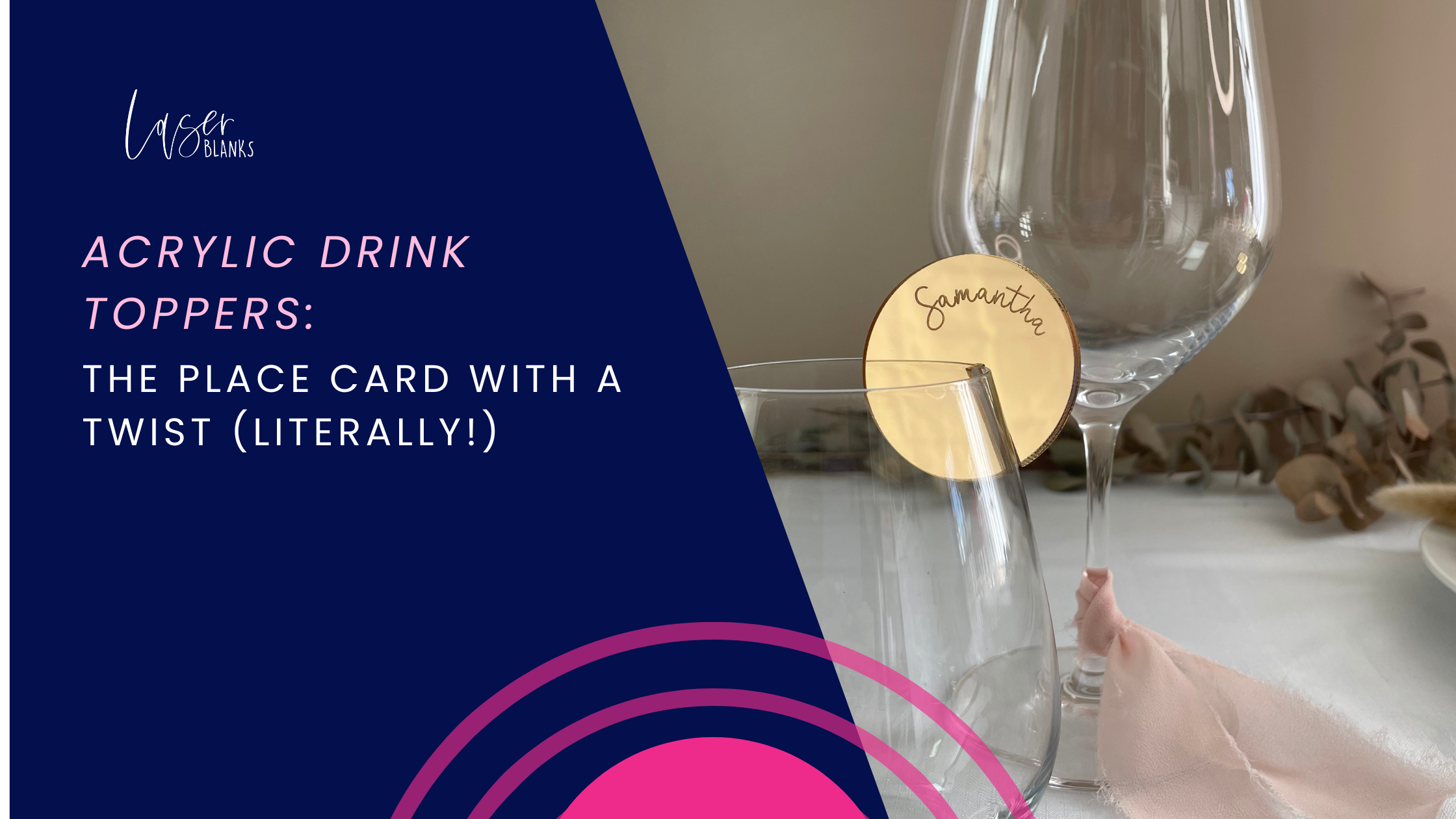 Mirror gold acrylic drink topper engraved with guest name on champagne flute