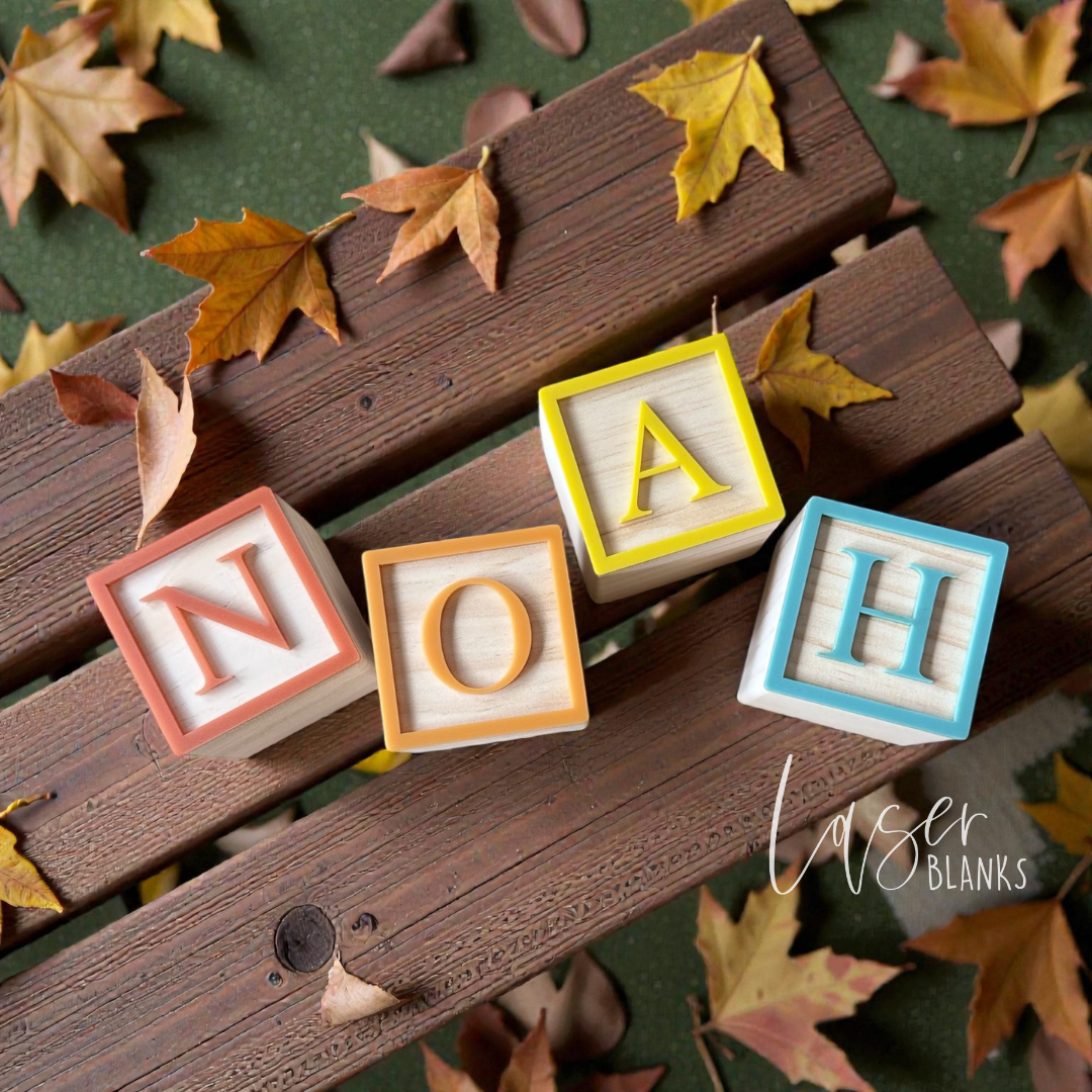 Alphabet name blocks for nursery shelf decor with acrylic letter fronts