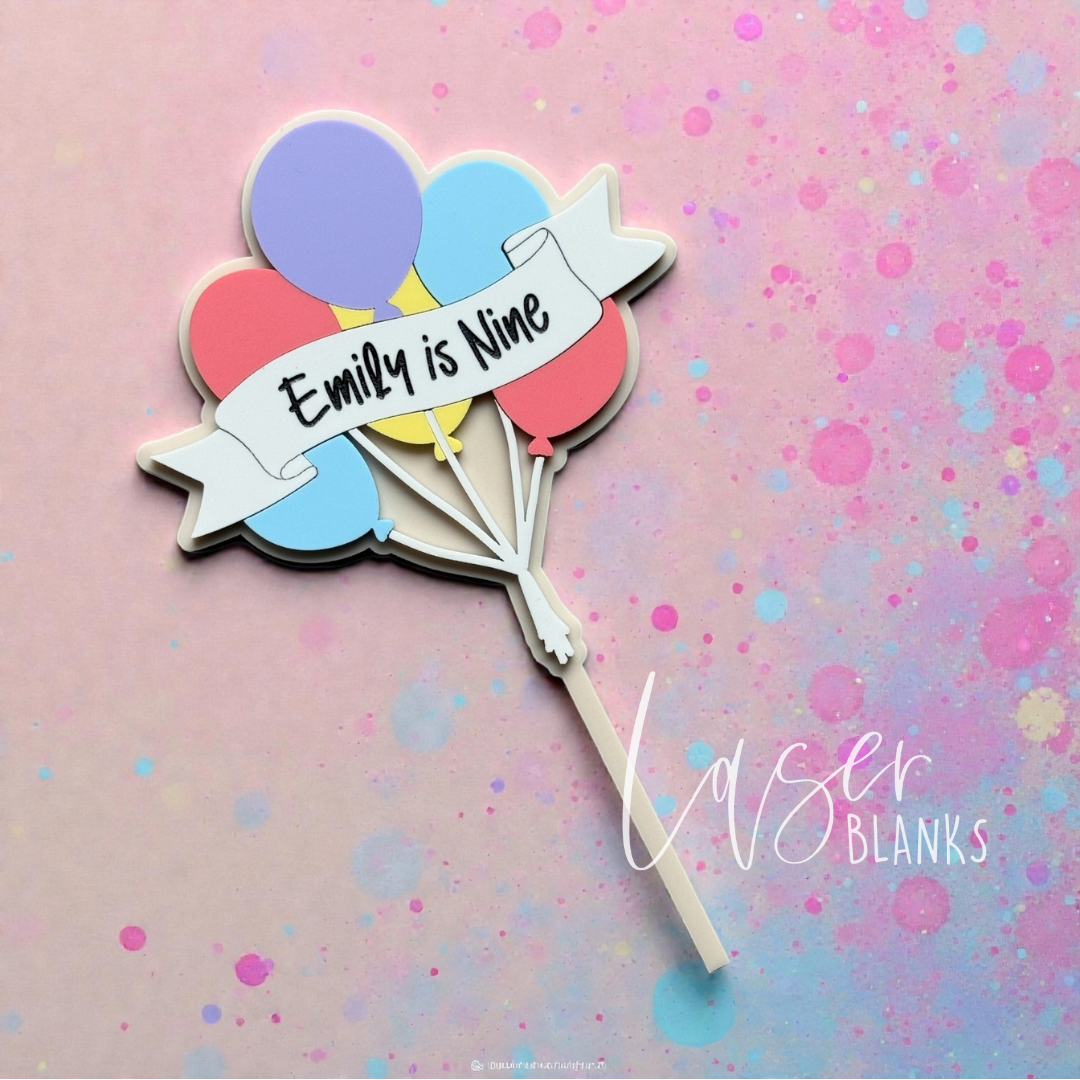 Personalised balloon cake topper with name on ribbon and custom colours