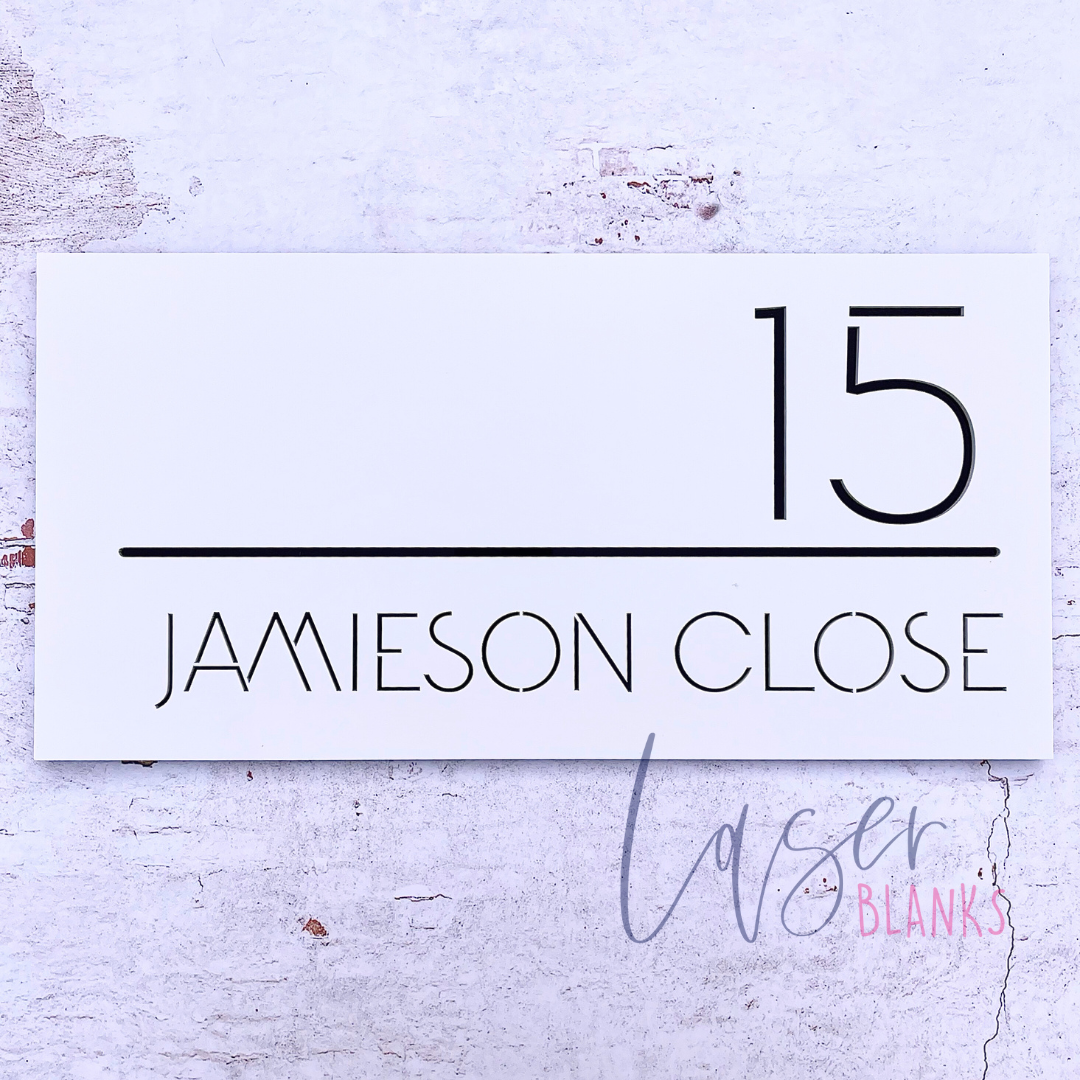 Modern acrylic house number sign – 400mm x 200mm white and black