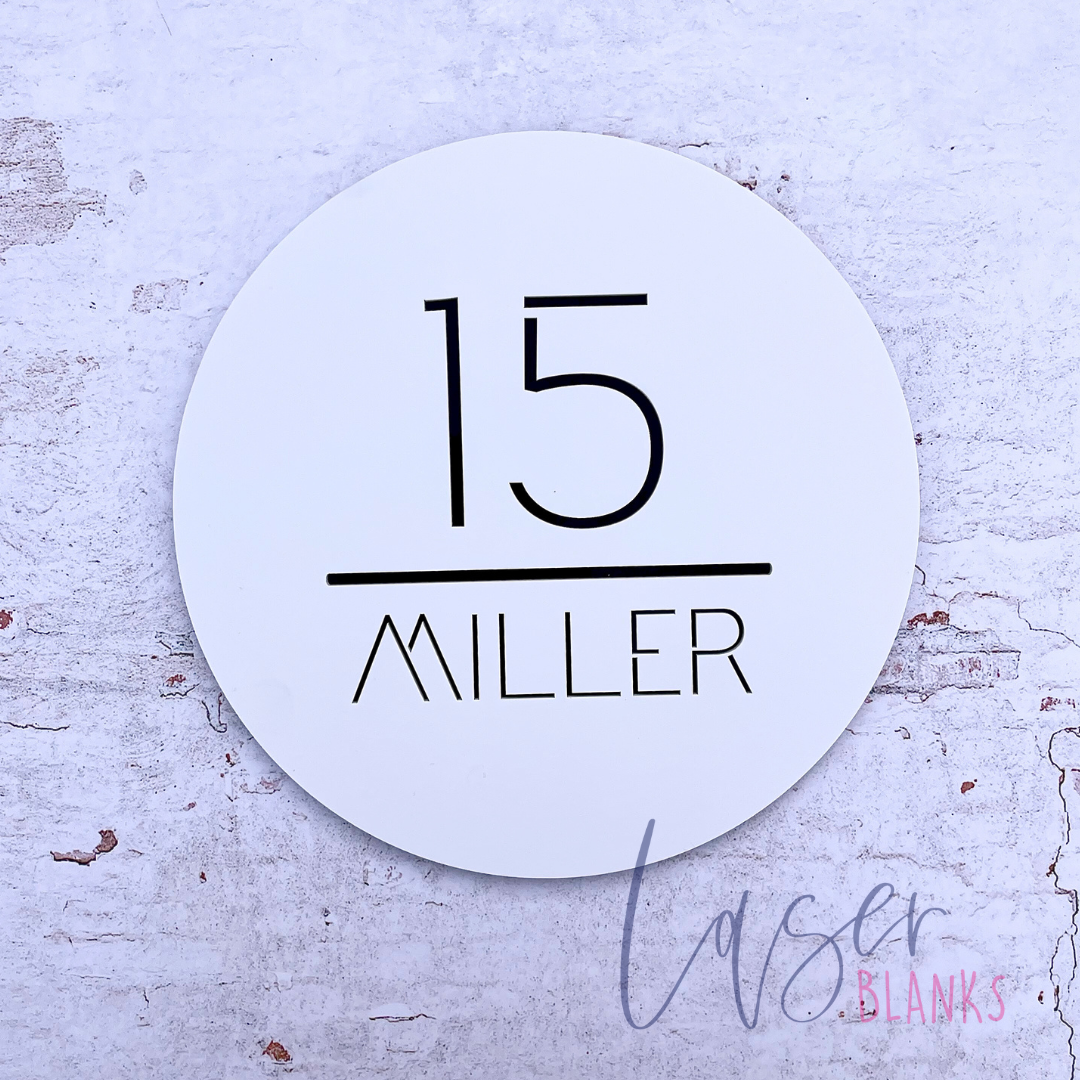 two-line acrylic house number sign – 250mm round