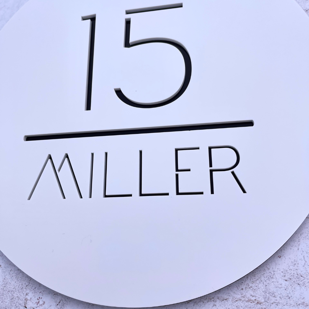 weatherproof acrylic home sign with street number and name